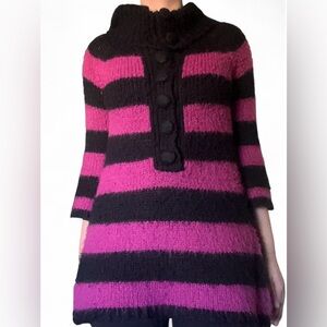 Pink and black striped quarter sleeve sweater dress with button-up front